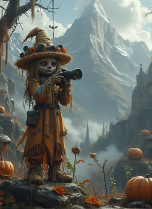 A scarecrow with a straw hat and a camera stands on a rocky outcropping, capturing the beauty of the surrounding landscape. The scarecrow's eye is pressed to the viewfinder, its finger hovering over the shutter button as it frames the perfect shot. Behind it, a rugged mountain range looms, its peaks shrouded in mist and mystery. The scarecrow's hat is decorated with a collection of camera lenses and filters, symbols of its passion for photography and the art of capturing moments in time DarkHalloween,justart01,cartoon art