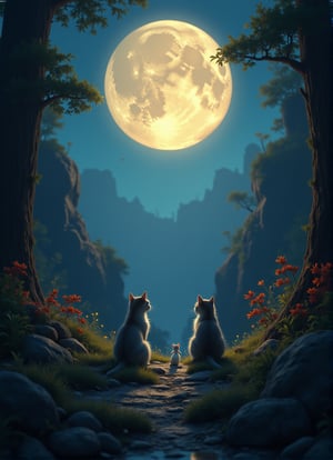 a cat and white small mouse side by side sitting on grassy cliff while looking up watching a big fullmoon. left and right framing by trees and plants,10xRFBoost,cartoonish 3D painting,Fantasy detailers 