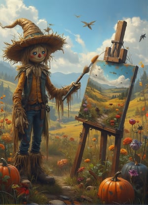 A scarecrow with a straw hat and a paint-splattered shirt stands in front of an easel, brush in hand and a look of intense concentration on its face. Behind it, a beautiful landscape of rolling hills and vibrant wildflowers comes to life on the canvas. The scarecrow's straw hat sits at a jaunty angle, shading its eyes from the bright sun as it works. DarkHalloween,justart01,cartoon art