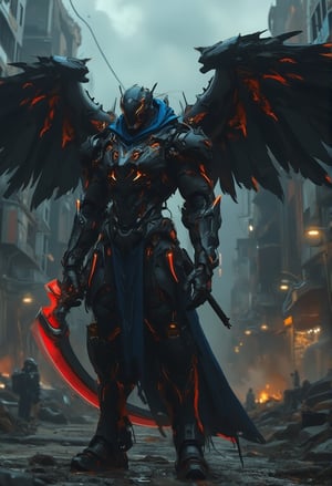 Kuro stands tall in a desolate, dark cityscape at dusk, its 12-foot black armor glowing with an eerie neon trim under the flickering streetlights. The camera pans down to reveal intricate gear-like details on its armor, shifting and moving as Kuro moves. Its flowing blue and white hoodie covers its head, with the subtle neon trim hinting at its advanced technology. As it spreads its massive, lightweight wing, the matte finish glows in the fading light. Kuro wields a deadly red scythe with a neon-lit blade, its serrated edge glistening ominously. The city's crumbling skyscrapers loom in the background as Kuro patrols the streets, its movements accompanied by an otherworldly soundtrack that adds to the sense of foreboding and tension.exmechapolyhan83,Angelic Knight,justart01