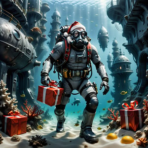 masterpiece, best quality, high detailed, Extremely Realistic, futuristic, It's a new world under the ocean, santa ready to deliver the presents, Santa with diving gear and wearing diving mask while (((carrying a sack of gift))) dives 🤿 to a (((futuristic city at the deep bottom of the sea flour))), action_pose, DonMR3mn4ntsXL Metropolis