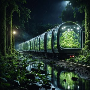 A high-quality hyperrealistic photograph of a futuristic, sleek eco-friendly train with transparent glass carriages filled with vibrant green plants, traveling through a shadowy dark tropical jungle during a dark black night with a dark black starry sky, dark shadowy areas, and no light, zero light, surrounded by diverse flora, a clear river reflecting train light, an ancient broken building covered in moss hidden within the jungle, and ancient broken pillars covered in moss around the jungle, with bad weather. The scene is captured in a super zoom close up view, on ground shot, hyperrealistic, midjourney realistic, photography, hyperdetailed, clear hyperdetailed background, 8k, ultra clear resolution, perfect composition, hyperrealistic texture. eco-friendly train, hyperrealistic,