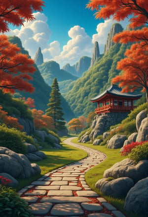 A serene Japanese zen garden in autumn.Anime Ghibli Style,FluxBoost