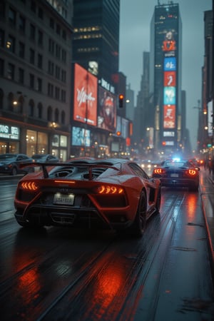 skilled thieves speeds through a bustling city at night in luxury supercars. Skyscrapers with reflective glass blur as the cars drift around corners, tires screeching on the wet streets. The police pursuit behind them intensifies, while neon signs and streetlights cast vivid reflections off the rain-slicked asphalt, giving the entire scene an energetic, high-stakes atmosphere. ground-angle shot,