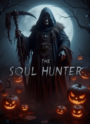 Score_9, score_8_up, score_7_up, write spooky title text "THE SOUL HUNTER". featuring hooded grim reaper, halloween theme. GrmreaperABM,DarkHalloween