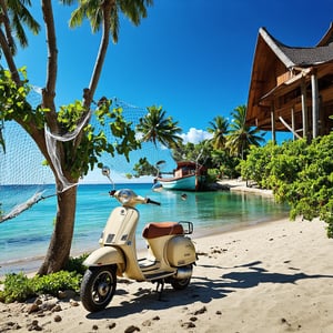 In a breathtakingly detailed image, a rusty and broken beige Vespa sits majestically on the sandy beach beside a traditional South East Asian wooden house. The camera frames the composition with the curved lines of the vespa contrasting the angular silhouette of the house. A park boat drifts serenely in the distance, while coconut trees sway above, their leaves rustling gently in the breeze. A tall Rhû tree stands proud, its branches tangled in a net. As the sun shines brightly from a clear blue sky, casting a warm glow, the camera captures both an ultra-detailed close-up shot of the vespa and a wide-angle view of the peaceful fishing village scene, with hyper-realistic textures and subtle color nuances that seem almost palpable.