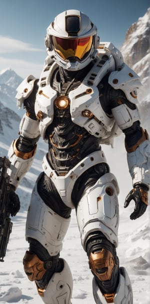 (best quality, 8K, high-resolution, masterpiece), ultra-detailed, The image shows an (((sleek high tech astronaut suit))) in a explosion fire snowy mountain at (((alien environment background))), (((holding a big white riffle in hand))). The robot has a white body with dark orange accents and is equipped with a large white blaster. dynamic angle shot, cinematic, film lighting, dramatic, ultra quality, ultra realistic, sharp focus, studio lighting, remarkable color,bl1ndm5k,Nanosuit exoskeleton