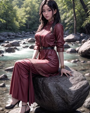 photoultrarealistic,  image a beautiful malay girl wearing casual dress and long skirt sitting on rock at forest river, detailed face, best quality, model pose, dinamic_pose, detailed skin, highly detailed,1 girl, detailed eyes,  