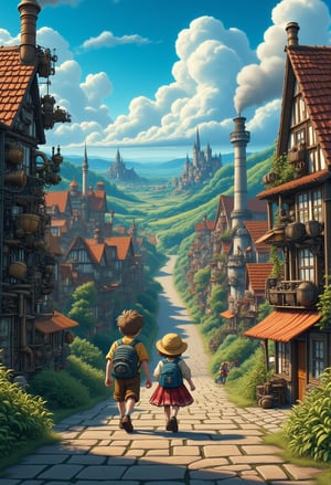 A boy and a girl, walking side by side, explore a whimsical town, town mix with magical and steampunk style design, all vehicle equipped with a steam-engine even a building and houses, low ground angle view, Anime Ghibli Style
