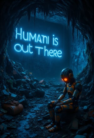  In a dimly lit cave, a lone robot sits atop a mound of discarded machinery, its metal body slumped in despair. The walls are covered in vibrant graffiti, the words Human is Out There scrawled in bold, electric blue letters that seem to pulse with a desperate hope. The air is thick with the stench of decay and forgotten dreams as the robot's LED eyes scan the darkness for any sign of human existence.,ElectDreDysto,Midjourney_Whisper