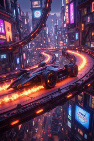 Aerial view of 'Neo-Speed' futuristic racetrack, suspended 500 feet above the gleaming metropolis. Vibrant, neon-lit cityscape stretches out in every direction, with towering skyscrapers and bustling streets. Sleek, high-tech vehicles zoom by at incredible velocities, their gleaming bodies reflecting off the urban landscape. City lights dance below, casting a mesmerizing glow on the track's translucent surface. Vehicles' afterburners leave trails of fiery sparks as they hurtle through turns and straightaways, surrounded by holographic advertisements flashing in sync with the pulsating city lights.