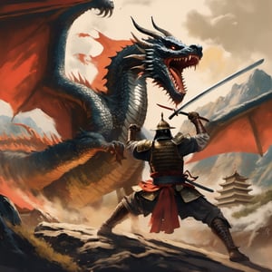 A samurai fighting a big dragon in a medieval painting style.,action_pose, knight&dragon