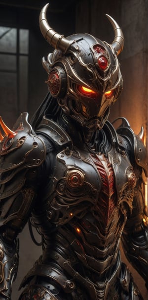 a black Sci Fi high tech techware evil robot armour wear mask helmet like evil monster, high tech horn, with beige exoskeleton and red glowing lights, gazing up in wonder in a lava ground, cyberpunk art, masterpiece, dramatic, best quality, Detailed and ultra realistic, sharp focus, studio lighting, High resolution, High detail, remarkable color, full body view, bl1ndm5k,Nanosuit exoskeleton
