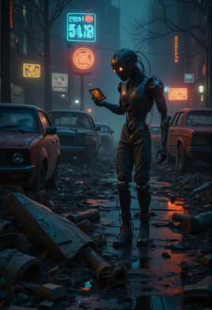 Robot Among Abandoned Cars: A cybernetic robot stands amid a parking lot filled with rusting, abandoned cars. Neon lights flicker in the distance, and the robot's posture conveys sadness as it touches a faded photo found in the wreckage. The cold metallic surroundings are softened by the deep emotional weight of the scene, captured in cinematic detail.,ElectDreDysto,Midjourney_Whisper