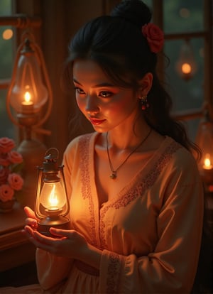 masterpiece, high quality, 1brown village belle, traditional  blouse, oil lantern only source of light in room, her eyes explain a newlywed's  yearning, traditional village rope bed backdrop,3dGboost