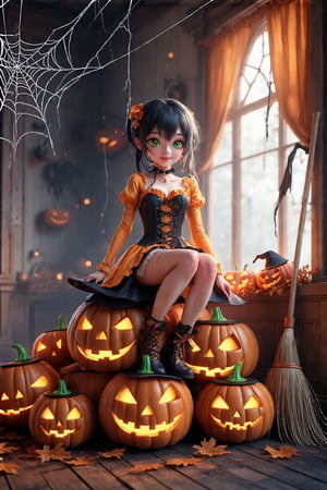 A 3D animated anime-style pumpkin girl sits atop a stack of colorful jack-o-lanterns in a dimly lit, cobweb-covered room. The pumpkin girl's bright orange skin glows with an eerie luminescence, her green eyes sparkling like emeralds amidst the autumnal shadows. A witch's hat and a broom lean against the nearby wall, while cobwebs dangle like tattered drapes in the background., 3D Cartoon Anime