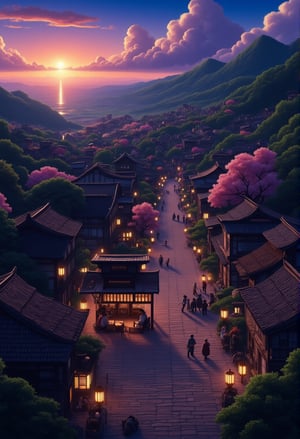 Capture a serene scene of a charming Japanese village at dusk, with narrow streets lined by ancient wooden houses adorned with sliding screens and tiled roofs, nestled among lush greenery and tranquil gardens. The warm glow of lanterns and the soft hues of the setting sun illuminate the picturesque town square, where villagers gather around a traditional tea house, surrounded by vibrant cherry blossom trees.Anime Ghibli Style, 