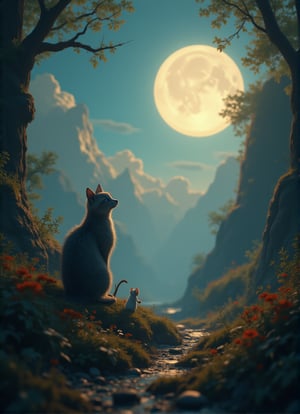 close up view of a cat and a white small mouse side by side sitting on grassy cliff while looking up watching a big fullmoon. left and right framing by trees and plants, dynamic_pose, dynamic Angle, 10xRFBoost,cartoonish 3D painting,Fantasy detailers 