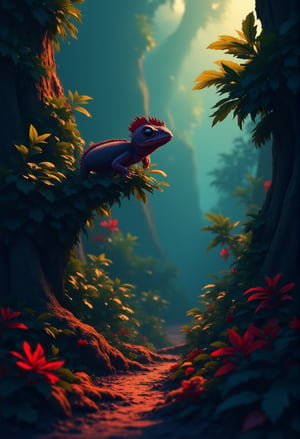 A close-up of a chameleon blending into a leafy branch in a dense jungle. cartoonish 3D painting