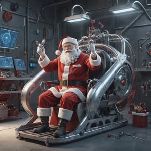 (masterpiece, best quality, high_res, realistic, epic), Santa Claus is an inventor, (((dressed in a mechanic suit))), in a lab he designing a (((futuristic high-tech santa sled))), christmas decoration, action_pose, 