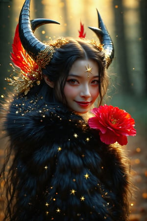 In a regal, golden-lit studio, a solitary female figure stands with piercing brown eyes directly addressing the viewer. Raven-black locks cascade down her back, adorned with a delicate hair ornament sparkling like stars. Subtle fur trim accents her upper body as she cradles a vibrant red flower in her hand. A subtle smile curves her parted lips, while small horns peek out from beneath flowing tresses. The blurred background creates a shallow depth of field drawing attention to striking features and the whimsical touch of delicate hair flowers.EpicFantasy