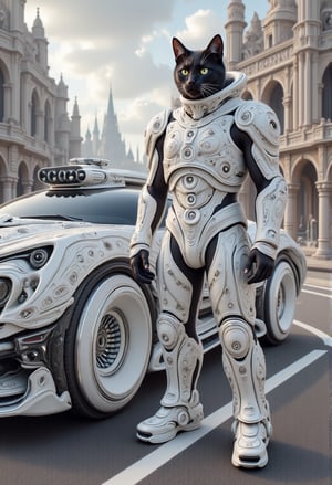 antrophomorphic black cat wear a otherworldly white hard porcelain armour suit, standing beside a futuristic black and silver frame high-tech armour car with intricate pattern. setting on road in middle of otherworldly hard porcelain bronze city