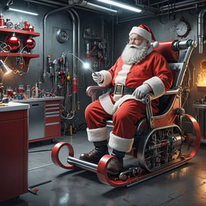 (masterpiece, best quality, high_res, realistic, epic), Santa Claus is an inventor, (((dressed in a mechanic suit))), in a lab he designing a high-tech (((santa sled))), christmas decoration, action_pose, 
