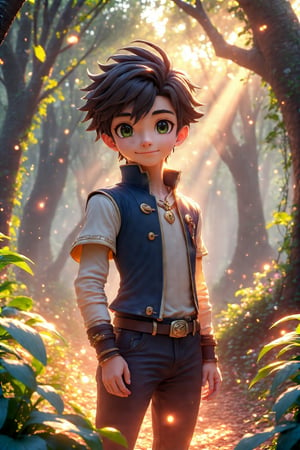 A young hero with vibrant, big anime eyes and expressive features stands in a lush, glowing forest filled with fantastical plants and ethereal lights. The scene has a warm color palette, detailed textures on trees and plants, soft rays of light filtering through the trees, and subtle particle effects floating in the air. The character’s hair moves slightly with the breeze, adding dynamic realism. 3D Cartoon Anime