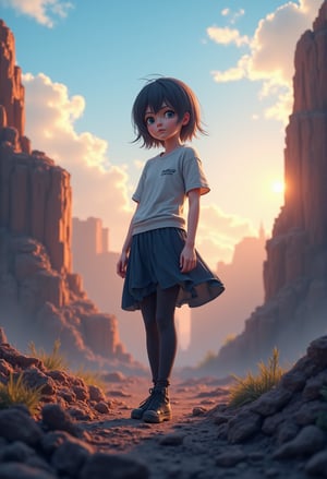 A woman with short hair standing on the ruins of a city. Anime 3D CGI-ABM, 