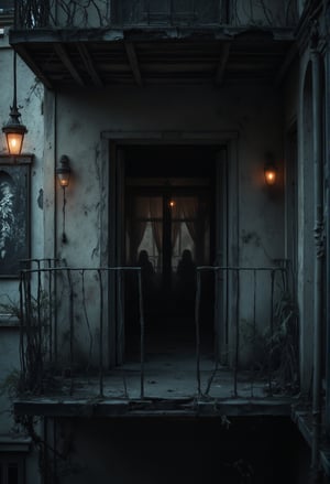 A cinematic of a rotting hotel balcony, with splintered wood and peeling paint. The camera zooms in on the open door leading into a dark, decayed room, with curtains fluttering in the wind. The shadows of unseen figures seem to dance inside, barely visible beyond the dim light coming from a flickering streetlamp below. The dynamic angle emphasizes the feeling of something lurking just beyond the doorway.FluxBoost,Midjourney_Whisper,FluxBoost,Midjourney_Whisper