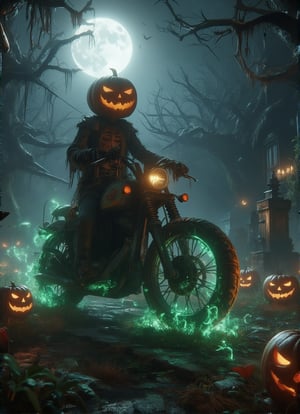 A haunting Halloween scene featuring a pumpkin-headed skeleton wearing tattered, torn clothes. The skeleton is riding an eerie, broken-down Harley Davidson bike, with rusted parts and flickering ghostly lights. The bike's wheels leave a trail of eerie green mist as it moves through a foggy, moonlit graveyard. Jack-o'-lanterns glow ominously along the path, and twisted, leafless trees loom in the background, their branches reaching like skeletal hands. The overall vibe is chilling, with a dark, eerie atmosphere and an ominous Halloween aura. DarkHalloween,justart01,Anime 3D CGI-ABM