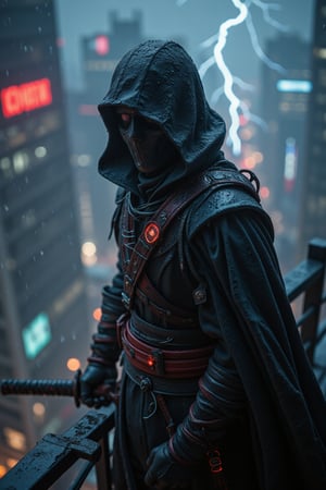 A cloaked assassin stands atop a neon-lit skyscraper, overlooking a futuristic city bathed in rain. Water droplets glide down their cloak and mask, capturing the ambient light from below. The assassin's gloved hand rests on a katana, the reflection of distant lightning illuminating their poised figure. dynamic pose,