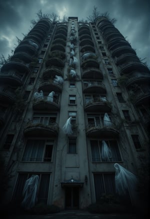 A towering condominium with multiple balconies stands eerily silent under a dark, cloudy sky. A dynamic upward shot reveals ghostly figures standing motionless on several of the balconies, their transparent forms barely visible in the dim light. The building's walls are cracked and weathered, with vines crawling up its sides. The camera zooms in slowly as the ghostly figures seem to multiply, watching silently as if waiting for something to happen. The wind blows through the empty corridors, creating an ominous, haunted atmosphere.FluxBoost,Midjourney_Whisper,FluxBoost,Midjourney_Whisper