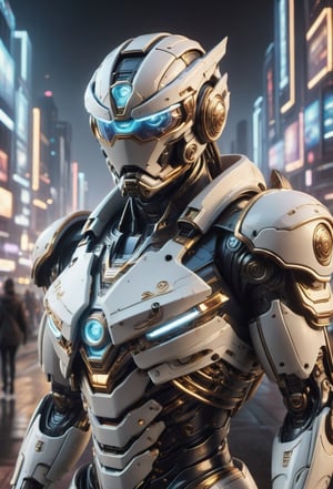 A futuristic cityscape's neon-lit skyscrapers and holographic advertisements form the backdrop for a dynamic solo shot of a hero clad in a white high-tech techwear mecha suit and mecha mask helmet and multicolored mane. highlights his empowering pose amidst the steel and concrete jungle. hyper realistic, with dramatic polarizing filter, vivid colors, sharp focus, 64K, 16mm, color graded portra 400 film, remarkable color, ultra realistic, bl1ndm5k,techware style, (dinamic_pose),cyborg mecha style
