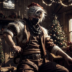 Best quality, high-res photo, cowboy style, kakashi hatake wearing cowboy style in santa's house, high detail, decorate santa's house into cowboy saloon enthusiastically, Western Cowboys‘ christmas Style, wild west trinkets background, christmas tree cowboy style, 3d style, cowboy, action_pose,