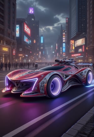 A sleek, red futuristic car with purple neon-lit spoilers and gull-wing doors drifts effortlessly down a dark, rain-soaked city street, its tires screeching as it takes the curve, while towering skyscrapers and holographic advertisements illuminate the cyberpunk landscape.,Hightech Car,FluxBoost