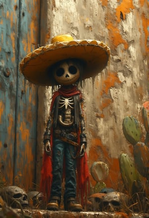 Image is a digital artwork featuring a stylized skeleton character standing in a desert-like environment. The character has a large, round skull with exaggerated, hollow eye sockets and a stitched mouth, giving it a cartoonish yet eerie appearance. It wears a wide-brimmed, tattered straw hat and a red, fringed scarf draped around its neck. The skeleton is dressed in a patchwork outfit with a leather vest and blue pants, adorned with various metallic and fabric textures. The background is a textured wall with peeling paint in shades of orange, beige, and blue, adding a rustic feel. Cacti and several other skulls are scattered around the character's feet, enhancing the desert theme. The overall color palette is earthy with pops of red and blue, creating a vivid and atmospheric scene.justart01