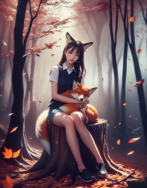 half_body, Masterpiece, 8K resolution, hyper-realistic, raw photo aesthetic. vintage style, A young woman with a fox ears and soft smile, short, wavy dark brown hair, and detailed brown eyes with small earrings. Her features are flawlessly beautiful, with subtle, elegent inner shirt, sleeveless jacket and blue shorts enhancements. (((She sitting on a small size tree stump in a forest, flower garden, hug the cute fox cub))) at dark night, colorful (autumn leaves falling around her:1.2), dinamic_pose, ABMautumnleaf,neon background