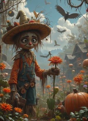 A scarecrow with a straw hat and a magnifying glass stands in a garden, carefully examining a rare and exotic flower. The scarecrow's brow is furrowed in concentration, its eyes focused on the intricate details of the bloom. Behind it, a lush garden of vibrant flowers and verdant foliage stretches out, tended with care and attention by the scarecrow's skilled hands. The scarecrow's hat is adorned with a collection of seed packets and gardening tools, symbols of its deep love for the natural world. DarkHalloween,justart01,cartoon art