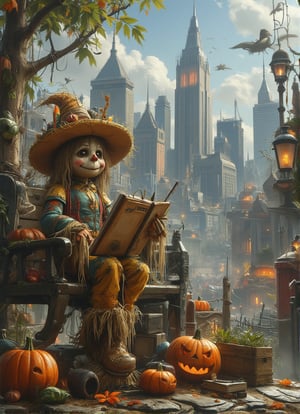 A scarecrow with a straw hat and a sketchbook sits on a bench, capturing the beauty of the world around it in quick, confident strokes. The scarecrow's eyes are sharp and observant, its hand steady as it creates a masterpiece on the page. Behind it, a bustling cityscape stretches out, filled with towering skyscrapers and busy streets. The scarecrow's hat is decorated with a collection of pencils and erasers, symbols of its dedication to the art of drawing and the joy of capturing the world on paper. DarkHalloween,justart01,cartoon art,Fantasy detailers 