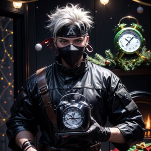 (masterpiece), full_body,1man, spiky hair, white hair, wearing fit tactical ninja flak jacket, leather tactical ninja full mouth mask, leather gloves, and his (((tactical headband with a letter ("A") symbol))), holding pose, (((holding a futuristic alarm clock wrapped with ribbon))), (((christmas decoration))), (at home background), Kakashi Hatake,