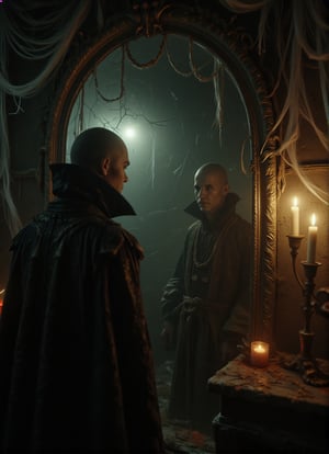 A close-up, cinematic shot of an ancient vampire standing before a large, ornate mirror in a decaying mansion. The mirror, cracked and covered in dust, shows no reflection of the vampire, only the dimly lit, eerie room behind him. Cobwebs hang from the corners of the frame, and flickering candlelight casts long, haunting shadows across the vampire’s pale, emotionless face. DarkHalloween,Midjourney_Whisper,10xRFBoost