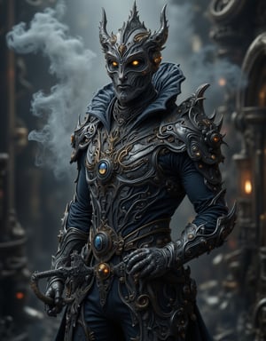 A mysterious, bespectacled alchemist stands amidst a swirling vortex of steam and smoke, eyes aglow with an otherworldly intensity. His long coat power armour is adorned with brass buttons and intricate copper filigree, as he holding a demonic-looking sword with a dark, eye gemstone-encrusted hilt. The air is thick with the scent of sulfur and oil, as gears and clockwork mechanisms whir to life in the background.