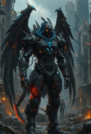 Kuro stands tall in a desolate, dark cityscape at dusk, its 12-foot black armor glowing with an eerie neon trim under the flickering streetlights. The camera pans down to reveal intricate gear-like details on its armor, shifting and moving as Kuro moves. Its flowing blue and white hoodie covers its head, with the subtle neon trim hinting at its advanced technology. As it spreads its massive, lightweight wing, the matte finish glows in the fading light. Kuro wields a deadly red scythe with a neon-lit blade, its serrated edge glistening ominously. The city's crumbling skyscrapers loom in the background as Kuro patrols the streets, its movements accompanied by an otherworldly soundtrack that adds to the sense of foreboding and tension.exmechapolyhan83,Angelic Knight,justart01