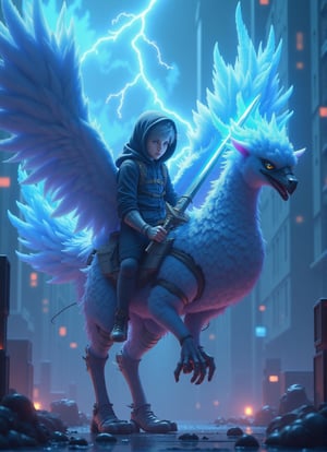 A futuristic scene unfolds as a young adventurer perched atop a majestic Chocobo, its feathers glistening in the soft glow of electric blue light. The boy's black hoodie and the Chocobo's gleaming metallic armor blend seamlessly with the cityscape's sleek skyscrapers. He grips a high-tech great sword and an additional weapon, his moderate attraction a striking contrast to the futuristic backdrop. Electra pulses through the air as GbBoost energy courses through the scene, imbuing the image with an aura of dynamic power.GbBoost