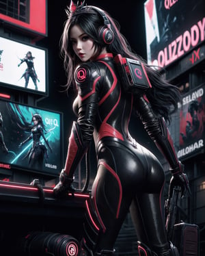 photohyperrealistic, half_body, side low angle shot, looking at viewer, a beautiful girl, black hair, wearing tiara headphone with ''Q'' sign, red and black futuristic obsidian ninja queen suit, obsidian boots, in style of alberto seveso art, neon, dinamic pose, (((gaming billboard screen at background))), highly detailed, hyper realistic, with dramatic polarizing filter, vivid colors, sharp focus, 64K, remarkable color,1 girl