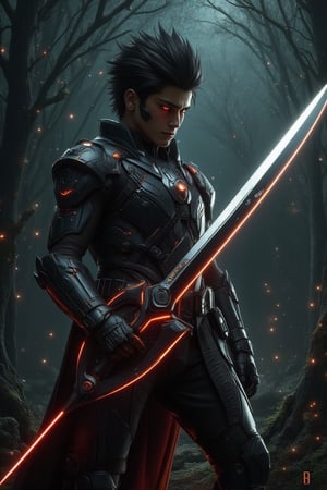 In a dimly lit, mystical forest, a fierce boy warrior with spiky black hair dons gleaming armor and ((wield a huge brandishes shiny silver sword)), his eyes blazing with an otherworldly glow. Red orbs of intensity pierce through the darkness, as if fueled by an inner fire. The air is charged with malevolent energy, hinting at the monster's lurking presence, ready to strike. Use the rule of thirds to balance the composition, ensuring sharp focus and HDR rendering for an ultra-realistic image with remarkable color and attention to detail, ,deep depth of field, wide full_body view, low-angle shot, dynamic pose, F-GVA Armour Suit, dagger