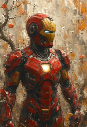 The image showcases a beautifully stylized figure reminiscent of Iron Man, reimagined through the lens of traditional Japanese art. Clad in an intricately detailed suit of armor, the figure retains the signature red and gold hues, with finely crafted mechanical components and a softly glowing arc reactor at its core. The powerful, heroic stance is juxtaposed with delicate cherry blossom branches swirling gracefully around the figure, infusing the scene with a tranquil, almost ethereal atmosphere. This fusion of futuristic technology and classical Japanese aesthetics creates a striking balance between serenity and strength, capturing both the elegance of nature and the precision of advanced machinery.justart01