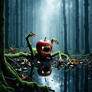 In a dark, foggy forest, a hyperrealistic photography captures an eerie and horror-filled scene: a twisted, apple-like monster creature sprawls across the forest floor, its core now home to claw-like branches that grasp at the air. (((Shiny eyes))) glimmer with an otherworldly intensity, while (((sharp teeth))) seem ready to strike. The fallen leaves and moss-covered ground create an atmosphere of foreboding, dark, eerie as the low-angle shot places the viewer in a position of vulnerability alongside this unsettling, anthropomorphic being.