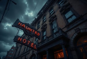 A close-up shot of the front entrance of a decaying, grand haunted hotel. The camera focuses on the rusted, creaking hotel sign swaying ominously in the wind. The cracked windows reflect the dark storm clouds gathering above, and faint flickers of lightning illuminate the grim facade. Shadows seem to shift behind the curtains, creating an unsettling tension as the wind howls through the empty street.FluxBoost,Midjourney_Whisper